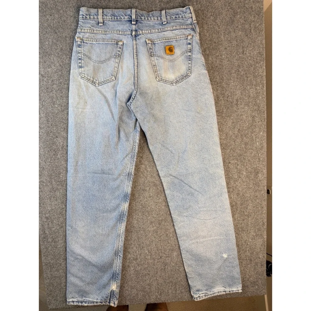 Vintage Carhartt 34x34 Light Wash Denim Jeans USA Made Workwear Straight Leg Men
